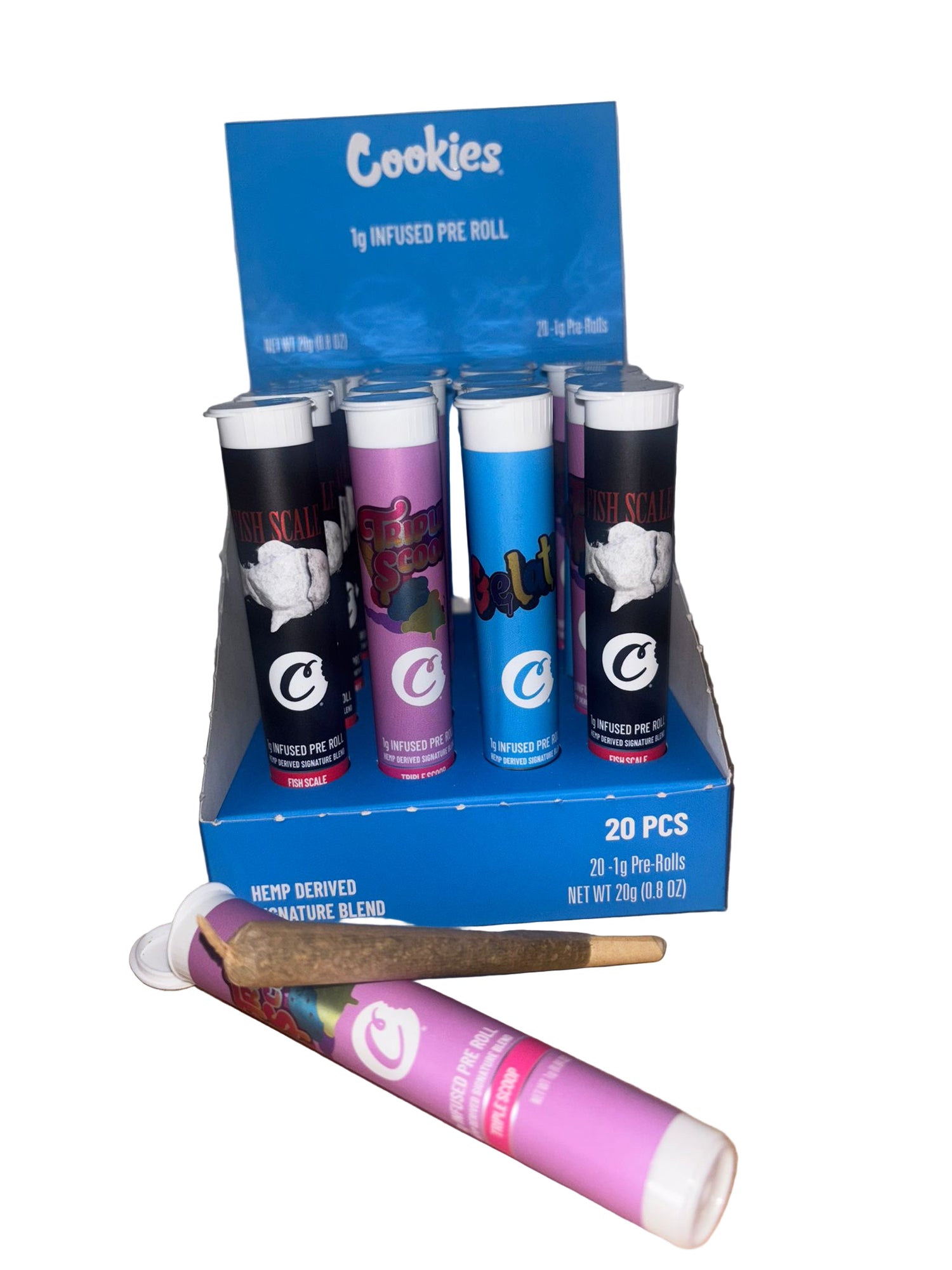 Display of Cookies pre-rolled joints with packaging on a white background